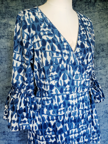 indigo blue blockprint wrap dress