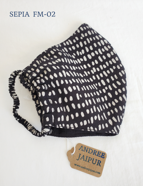Face Mask 100% cotton - Sepia Black Botanical Block Print FM - 02