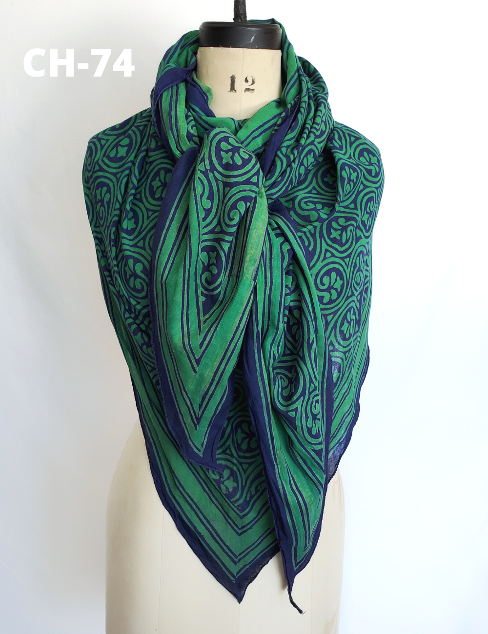 Green with blue long scarf.