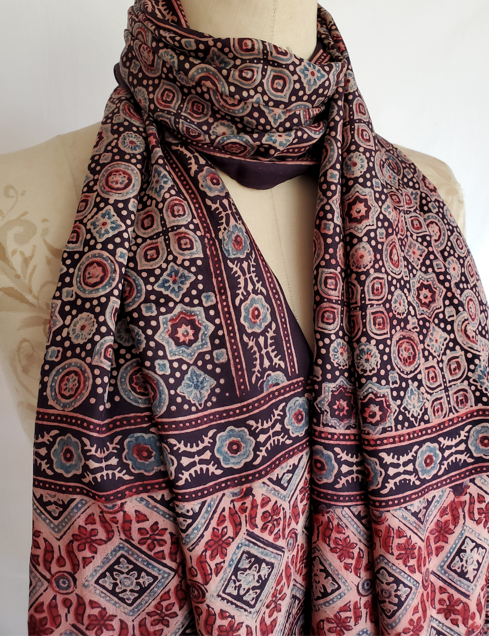 HAND BLOCK PRINTED AJRAKH SILK STOLE - AJ-11