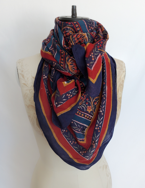 Red and blue detailed square scarf.