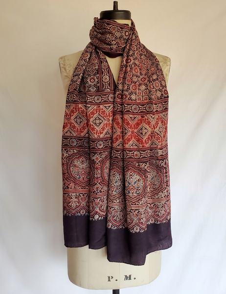 HAND BLOCK PRINTED AJRAKH SILK STOLE - AJ-11