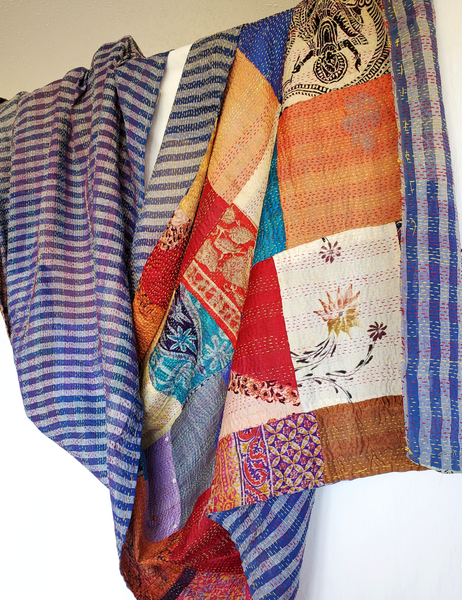 PATCHWORK HAND QUILTED SILK KANTHA SHAWL THROW