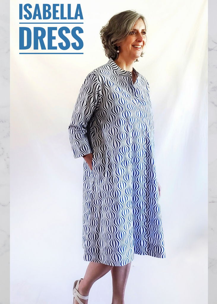 ISABELLA DRESS in Op Art Wave Blue Print ANDREE JAIPUR ISABELLA DRESS in Op Art Wave Blue Print ANDREE JAIPUR