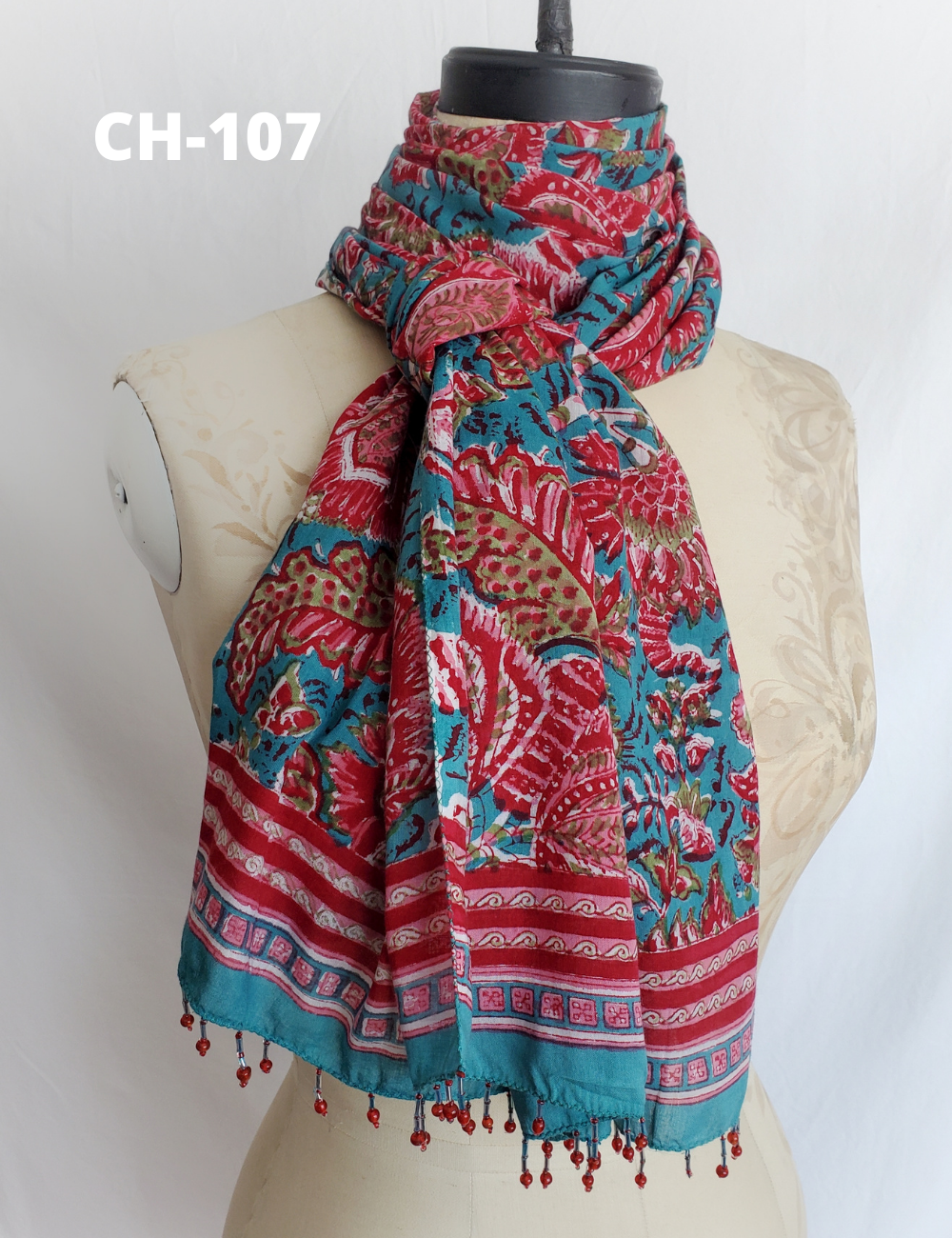 Ruby red, rose, turquoise and sage square scarf.