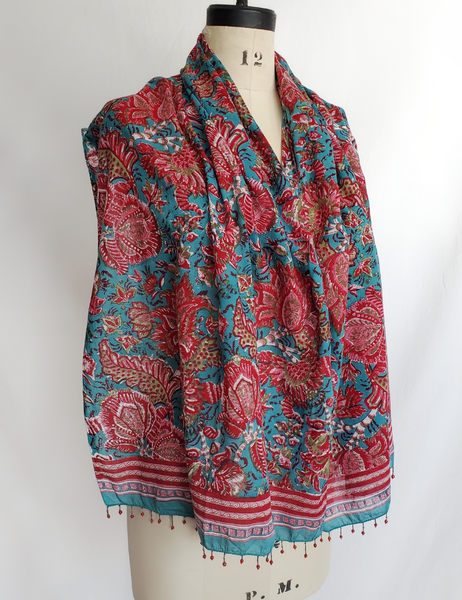Ruby red, rose, turquoise and sage square scarf.