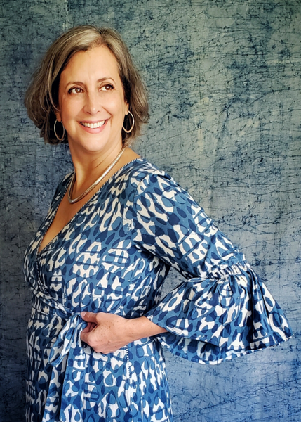 Indigo blue print wrap dress