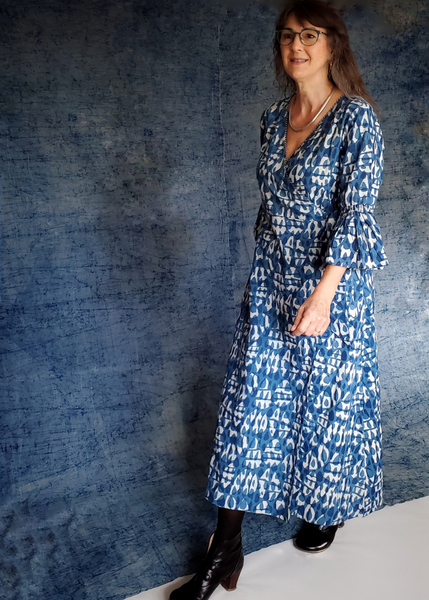 Indigo blue print wrap dress
