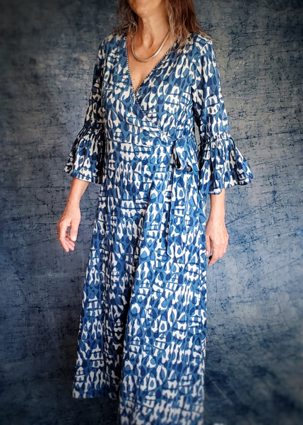 Indigo blue print wrap dress