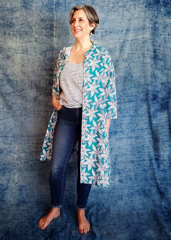 ISABELLA DRESS in Blue, White and Turquoise MYSORE FLORAL print