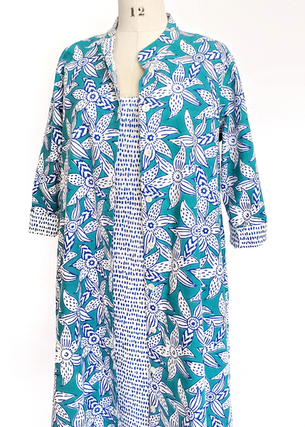 ISABELLA DRESS in Blue, White and Turquoise MYSORE FLORAL print