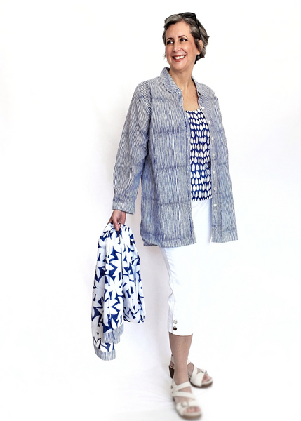 ELENA SHIRT in Blue and White Mysore Pinstripe print