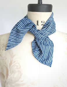 Square Bandana Cotton Scarf Indigo and White, Matchstick Stripe print