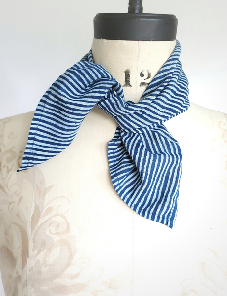 Square Bandana Cotton Scarf Indigo and White, Matchstick Stripe print