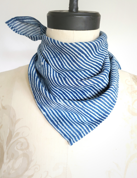 Square Bandana Cotton Scarf Indigo and White, Matchstick Stripe print