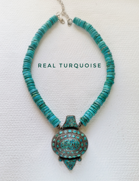 VINTAGE TIBETAN REAL TURQUOISE BEAD NECKLACE - CHJ-01