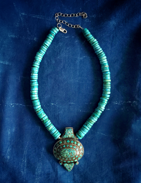 VINTAGE TIBETAN REAL TURQUOISE BEAD NECKLACE - CHJ-01