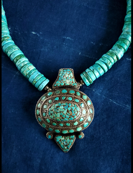 VINTAGE TIBETAN REAL TURQUOISE BEAD NECKLACE - CHJ-01