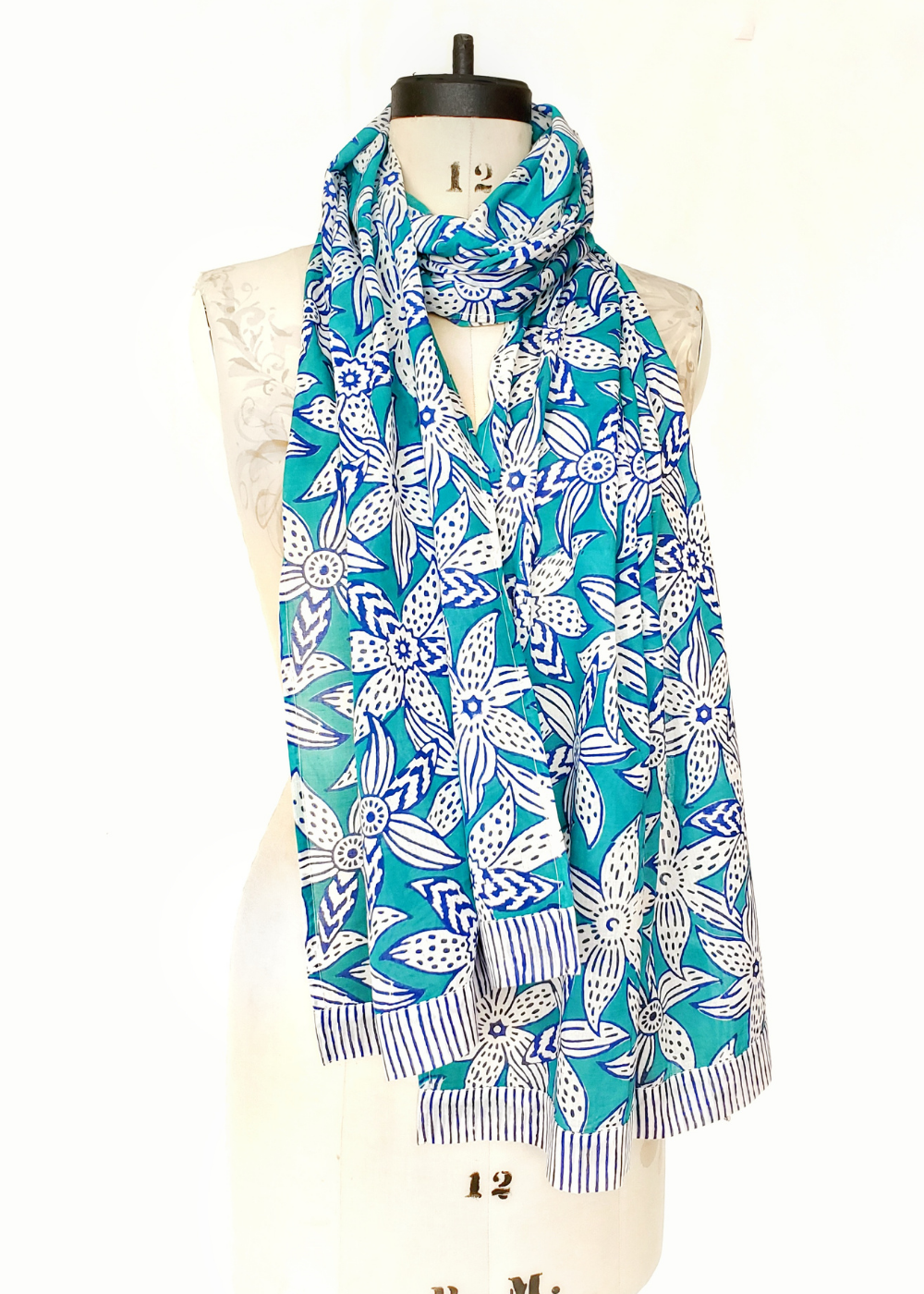 Stole Scarf in Blue, Turquoise and White Mysore Floral print