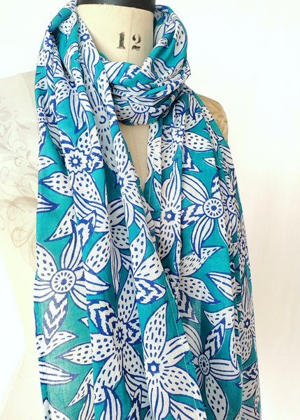 Stole Scarf in Blue, Turquoise and White Mysore Floral print