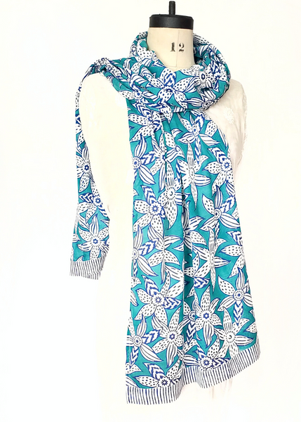 Stole Scarf in Blue, Turquoise and White Mysore Floral print