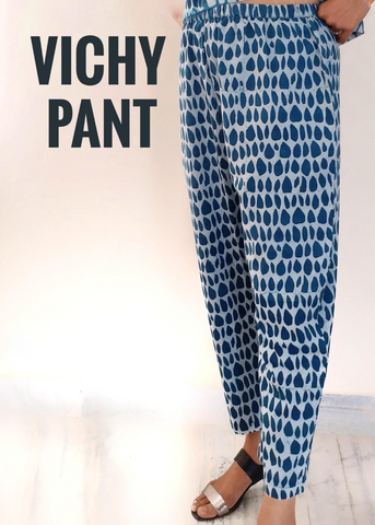 Indigo and white butti print pant. Cinched waste. Sits at the ankles.