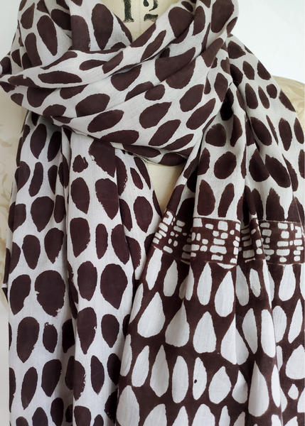 Ecru espresso butti print scarf, colours alternate on ends of scarf.