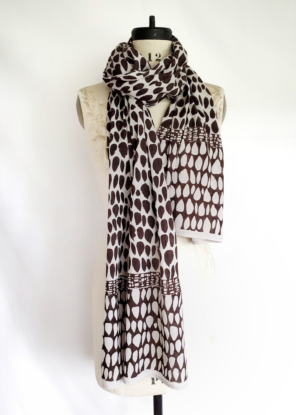 Ecru espresso butti print scarf, colours alternate on ends of scarf.