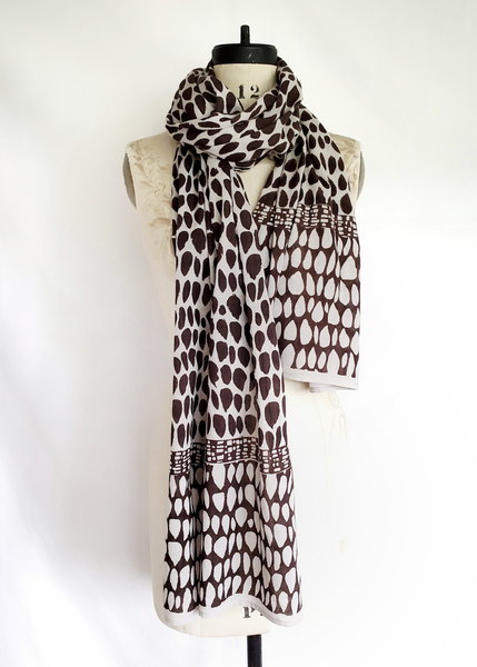 Ecru espresso butti print scarf, colours alternate on ends of scarf.