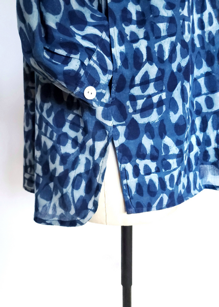 Mannequin with Elena Shirt in Indigo Basalt Print Button Up Top With Collar Up Close.