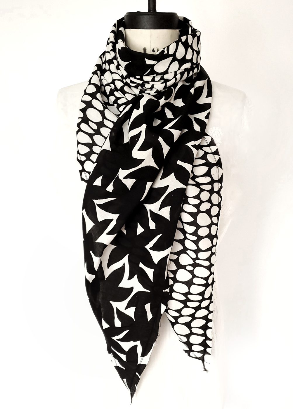 Bias Scarf in Black and Cream Mysore Floral Shadow print