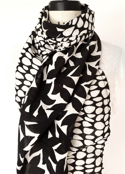 Bias Scarf in Black and Cream Mysore Floral Shadow print