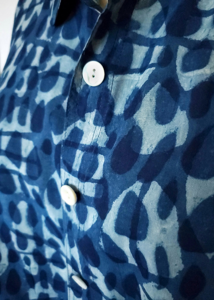 Close up of Indigo Basalt Print Pattern. Three shades of Blue are used.