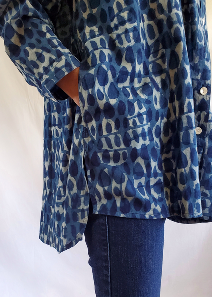 Close up of Elena Shirt in Indigo Basalt Print Button Up Top With Collar, Length is Below the Hips.