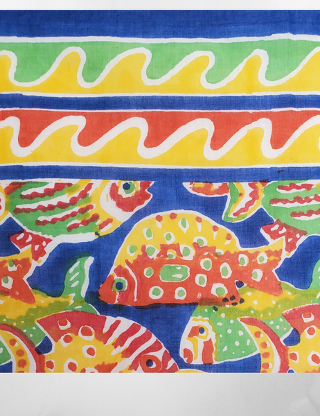 Red, yellow, blue and green block print big fish scarf.
