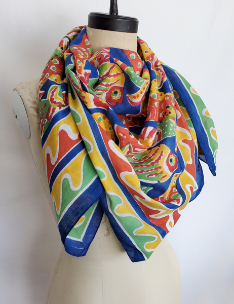 Red, yellow, blue and green block print big fish scarf.
