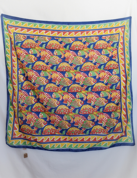 Red, yellow, blue and green block print big fish scarf.