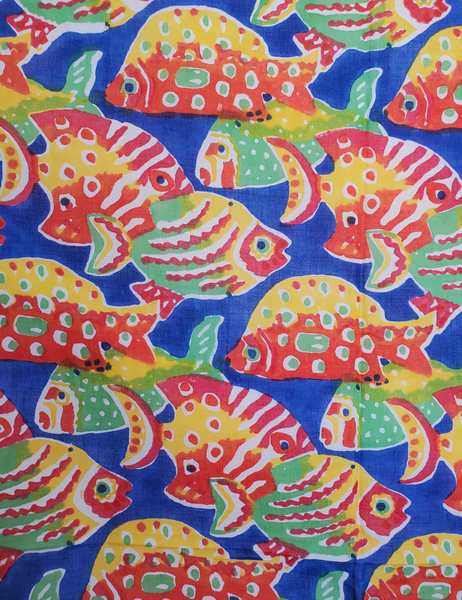 Red, yellow, blue and green block print big fish scarf.