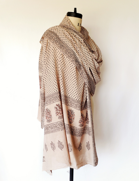 Long heirloom botanical scarf wrapped around mannequin.