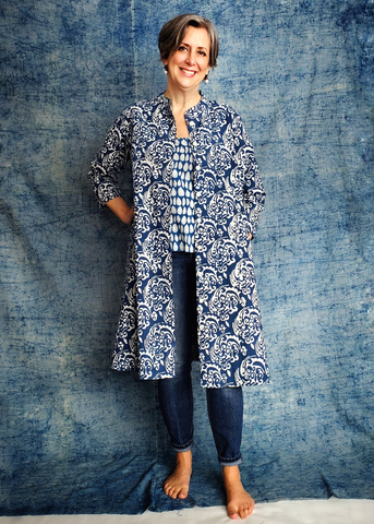 ISABELLA DRESS in INDIGO and white WAVE Print