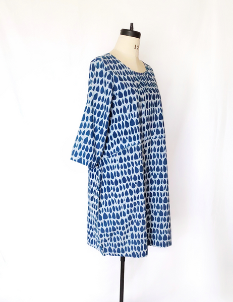 Nadine Cotton White and Indigo Dress in Butti Print on Mannequin. Half Sleeves.