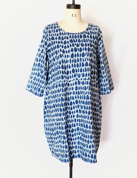 Nadine Cotton White and Indigo Dress in Butti Print on Mannequin. Half Sleeves.