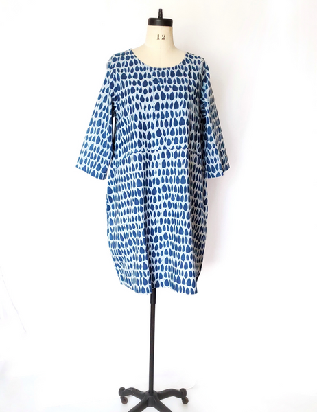 Nadine Cotton White and Indigo Dress in Butti Print on Mannequin. Half Sleeves.