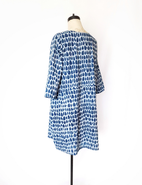 Nadine Cotton White and Indigo Dress in Butti Print on Mannequin. Half Sleeves.