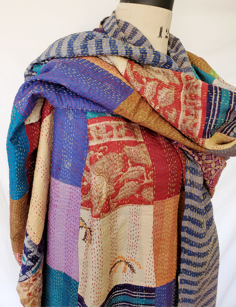 PATCHWORK HAND QUILTED SILK KANTHA SHAWL THROW