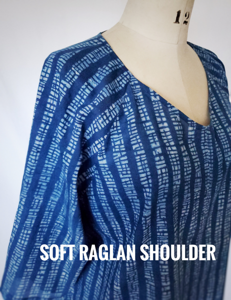 Raglan Cotton Top in Indigo White Wide Stripe. Rounded V-Neck Top.