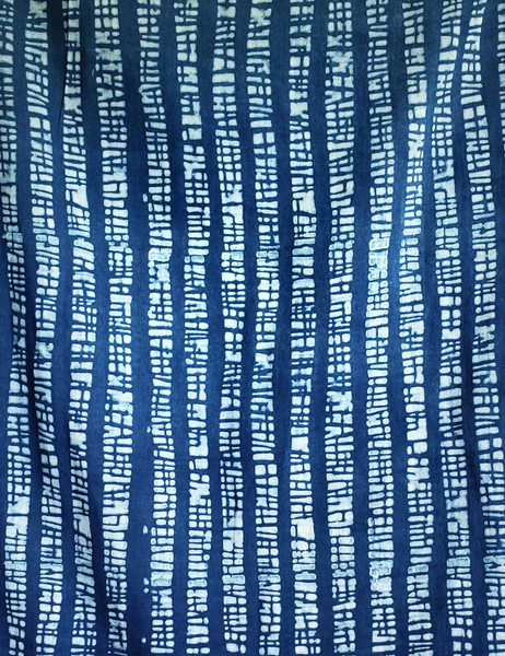 Close up of Raglan Top with Indigo and White Wide Stripe Print.