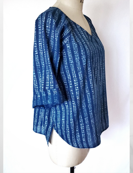 Raglan Cotton Top in Indigo White Wide Stripe. Rounded V-Neck Top.