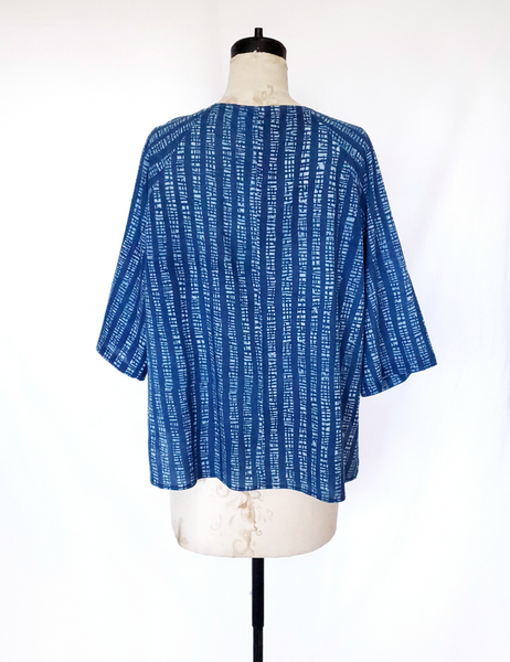 Raglan Cotton Top in Indigo White Wide Stripe. Rounded V-Neck Top.