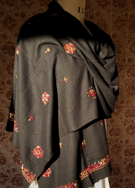 HAND EMBROIDERED PURE RAW SILK STOLE- BLACK